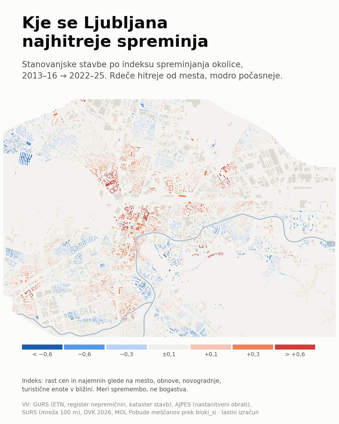 Map of Ljubljana's residential buildings by the change index of their surroundings.