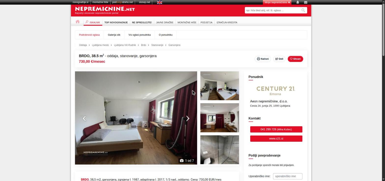 An advert to let a studio flat in Brdo, Ljubljana, 38.5 m², EUR 730 a month, agency Century 21 Emona.