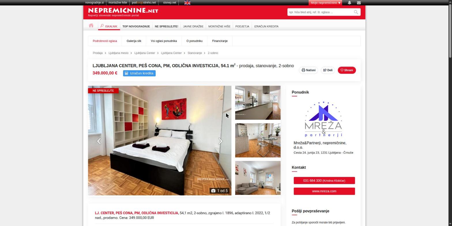An advert to sell a two-room flat in the pedestrian zone of central Ljubljana, 54.1 m², EUR 349,000, agency Mreža & partnerji.