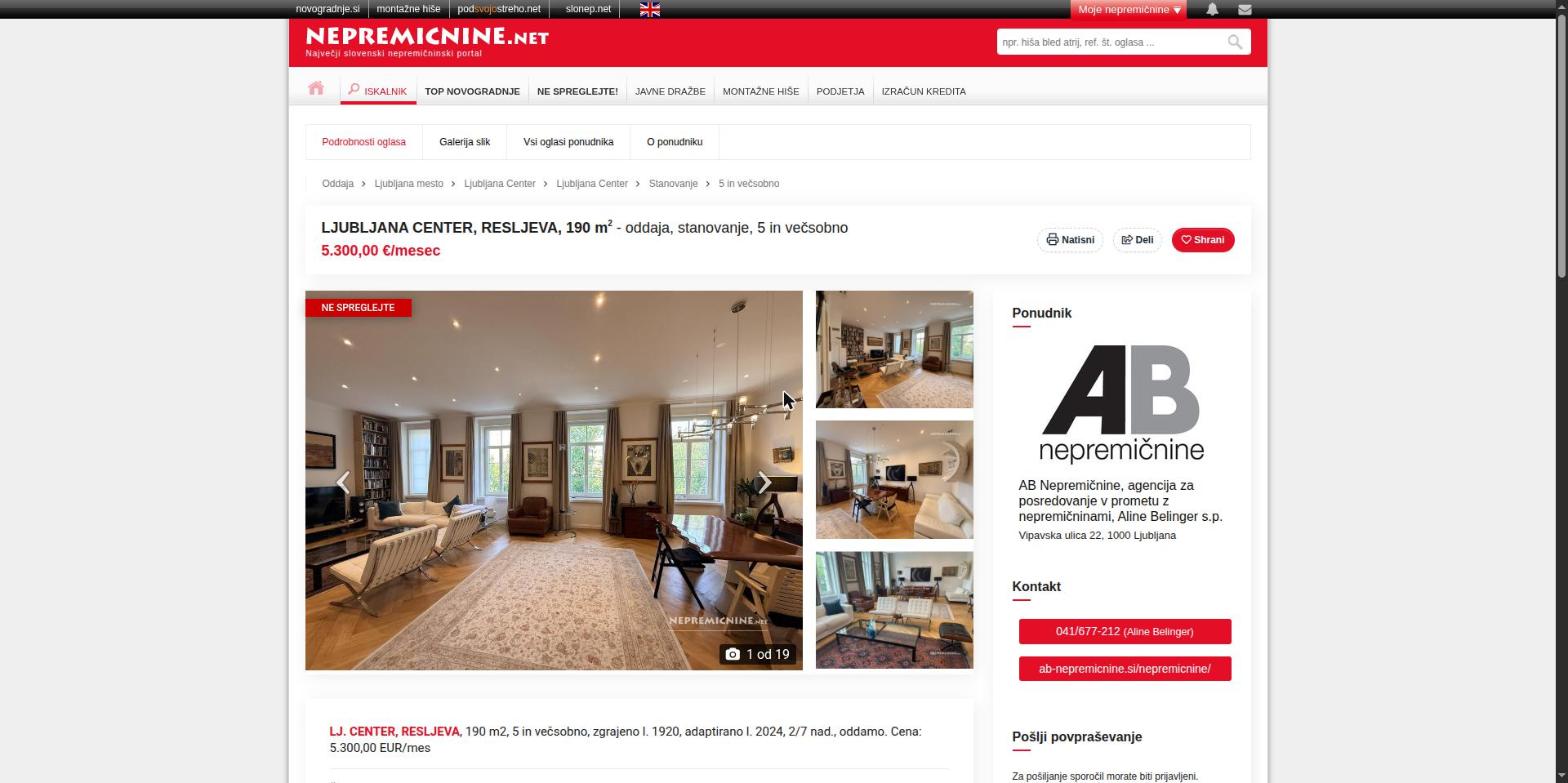 An advert to let a five-room flat on Resljeva in Ljubljana, 190 m², EUR 5,300 a month, agency AB Nepremičnine.
